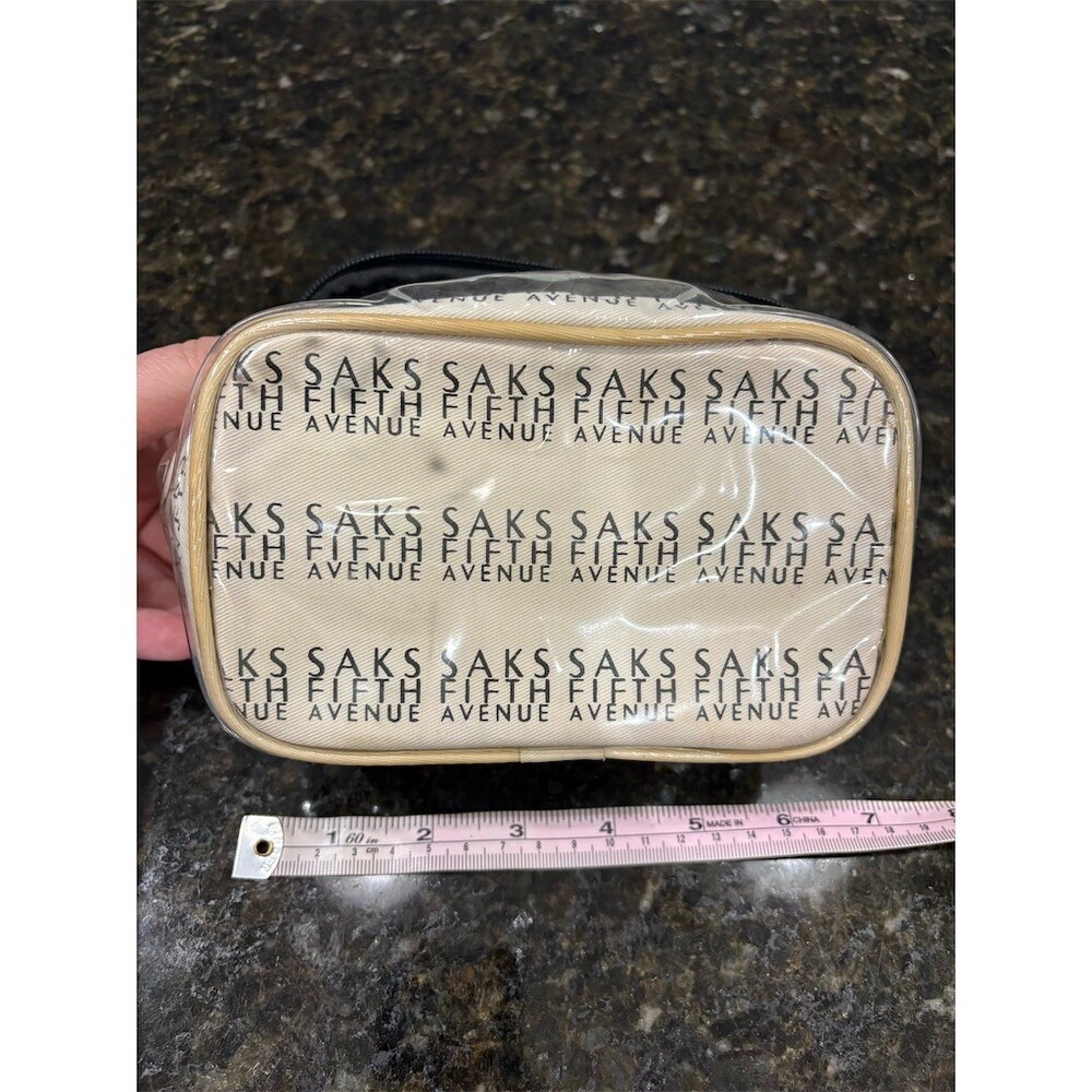 Saks Fifth Avenue Vintage Makeup Bag Clear Vinyl Logo Print Zip Top Handle - Picture 4 of 7